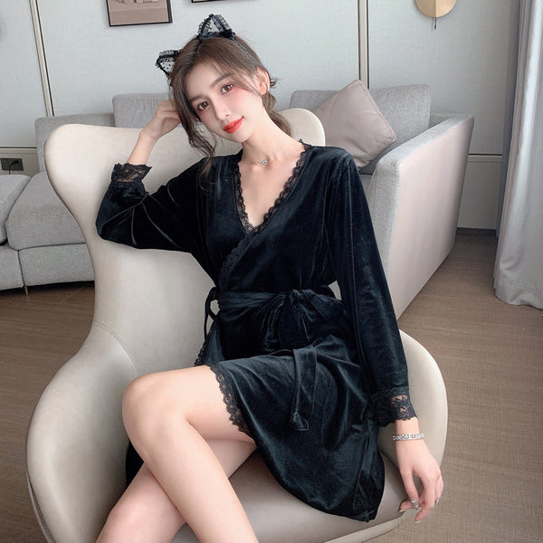 Sexy Women Lace Long Sleeved Velvet Kimono Bathrobe Pajamas Home Nightgown