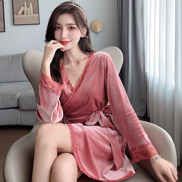 Sexy Women Lace Long Sleeved Velvet Kimono Bathrobe Pajamas Home Nightgown