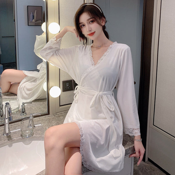 Sexy Women Lace Long Sleeved Velvet Kimono Bathrobe Pajamas Home Nightgown