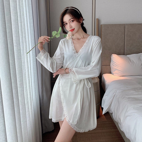 Sexy Women Lace Long Sleeved Velvet Kimono Bathrobe Pajamas Home Nightgown