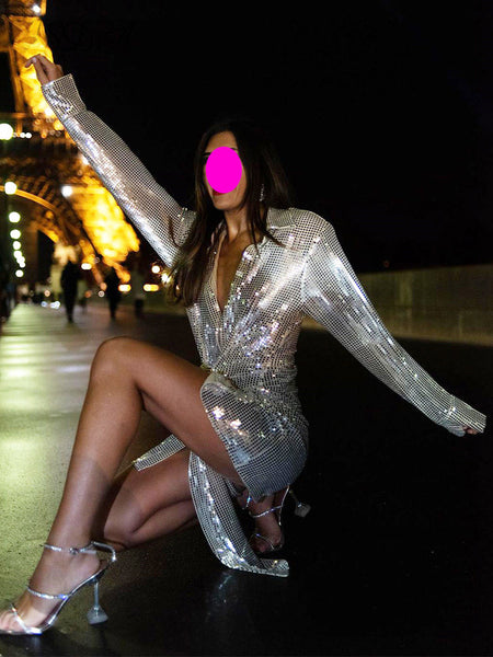 Trendy Women Front Bow Shiny Long Sleeved Sequins High End Deep V Upper Jacket