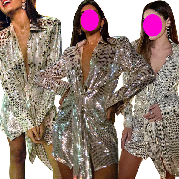 Trendy Women Front Bow Shiny Long Sleeved Sequins High End Deep V Upper Jacket