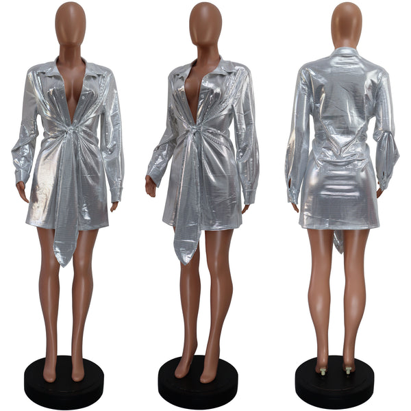 Trendy Women Front Bow Shiny Long Sleeved Sequins High End Deep V Upper Jacket