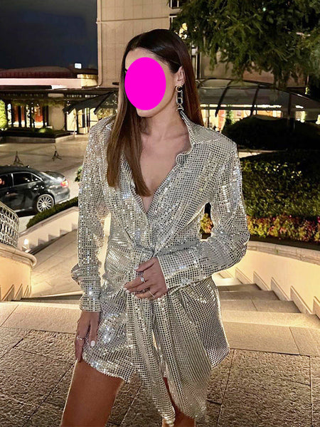 Trendy Women Front Bow Shiny Long Sleeved Sequins High End Deep V Upper Jacket