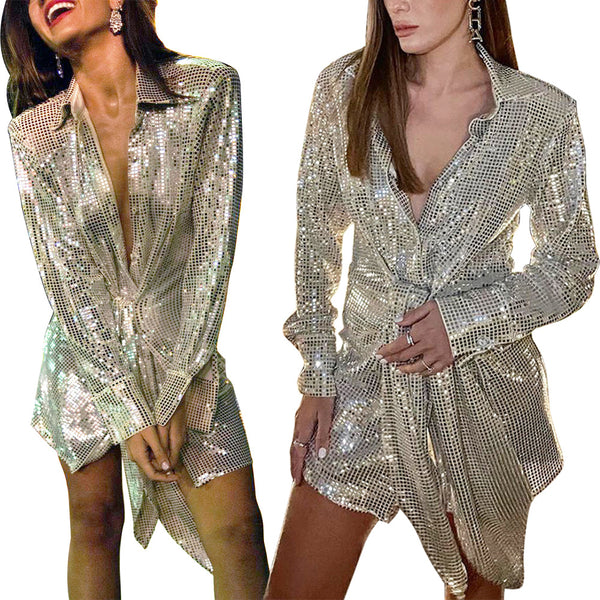 Trendy Women Front Bow Shiny Long Sleeved Sequins High End Deep V Upper Jacket