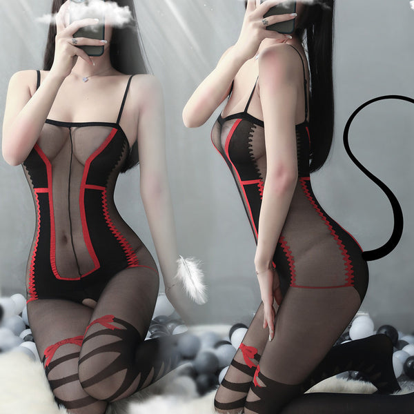 Nice Women Nightgown Sexy Red Bow Cross Striped Sleepwear Lace Teddy Dress Babydoll Nightwear