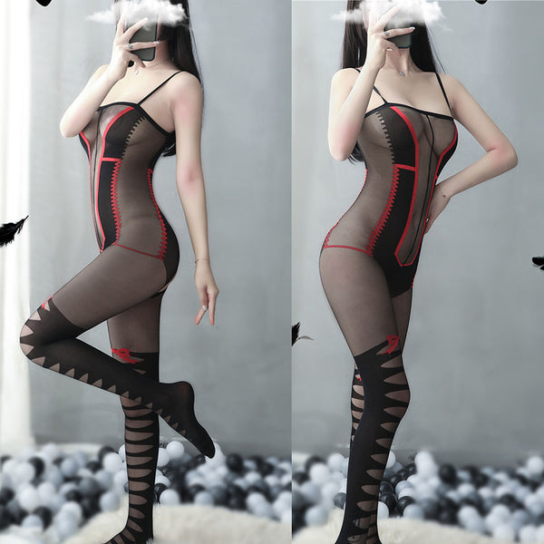 Nice Women Nightgown Sexy Red Bow Cross Striped Sleepwear Lace Teddy Dress Babydoll Nightwear