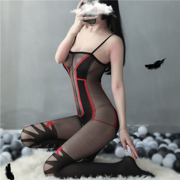 Nice Women Nightgown Sexy Red Bow Cross Striped Sleepwear Lace Teddy Dress Babydoll Nightwear