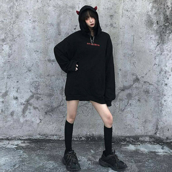 Kawaii Demon Dark Wings Hoodie Sweatshirt Punk Gothic Black Devil Sweater