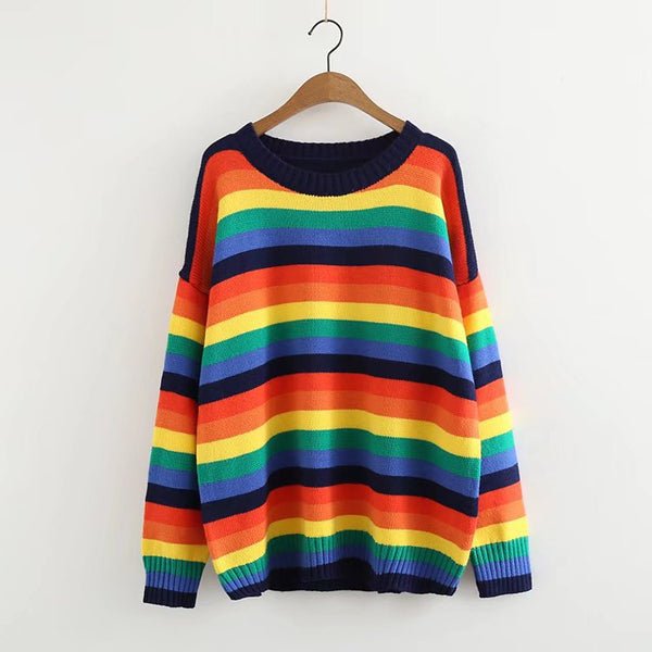 Rainbow Color Striped Round Neck Long Sleeve Loose Fit Pullover Size Sweater