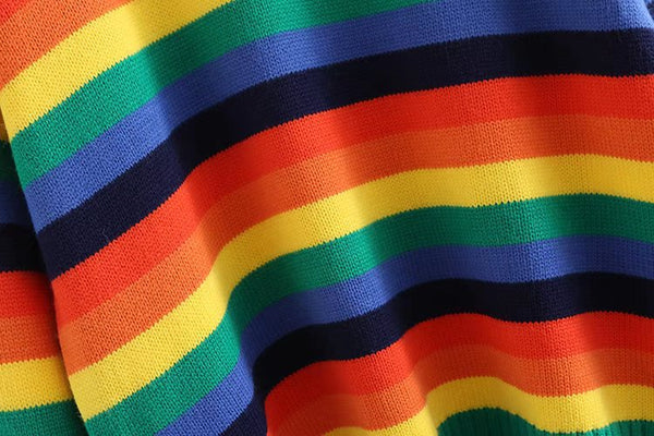 Rainbow Color Striped Round Neck Long Sleeve Loose Fit Pullover Size Sweater