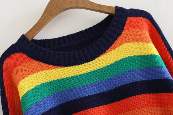 Rainbow Color Striped Round Neck Long Sleeve Loose Fit Pullover Size Sweater