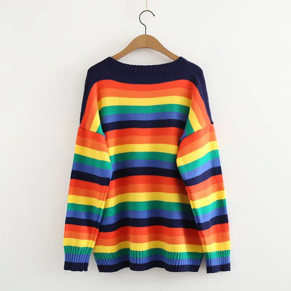 Rainbow Color Striped Round Neck Long Sleeve Loose Fit Pullover Size Sweater