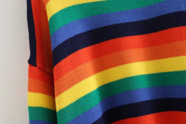 Rainbow Color Striped Round Neck Long Sleeve Loose Fit Pullover Size Sweater