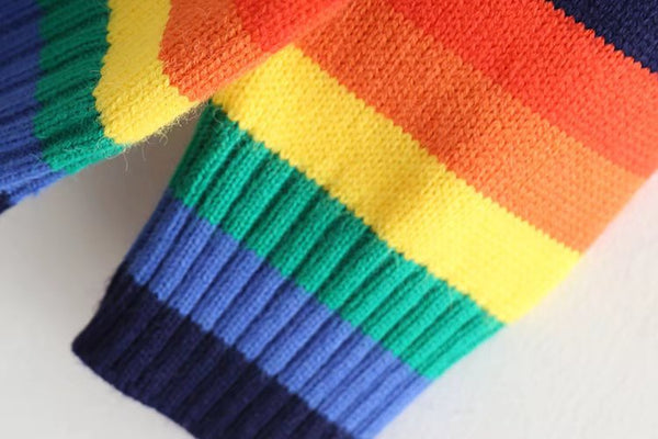 Rainbow Color Striped Round Neck Long Sleeve Loose Fit Pullover Size Sweater