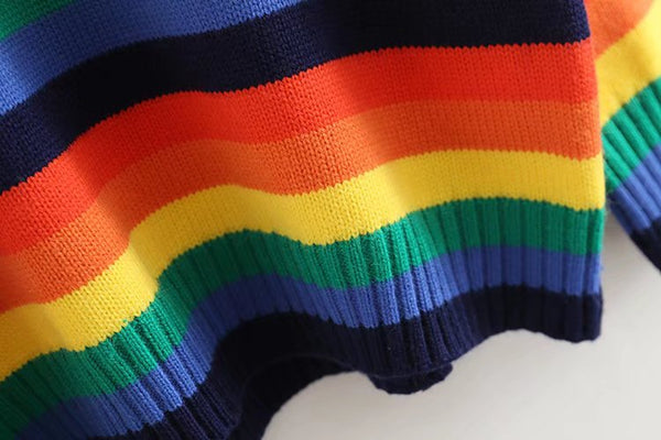 Rainbow Color Striped Round Neck Long Sleeve Loose Fit Pullover Size Sweater