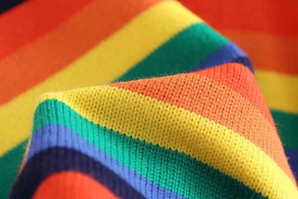 Rainbow Color Striped Round Neck Long Sleeve Loose Fit Pullover Size Sweater