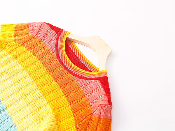 Spring Rainbow Color Soft Jumper Striped Round Neck Long Sleeved Loose Fit Pullover Size Sweater Knitwear