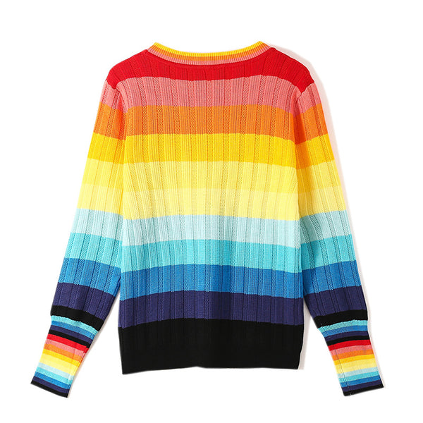 Spring Rainbow Color Soft Jumper Striped Round Neck Long Sleeved Loose Fit Pullover Size Sweater Knitwear