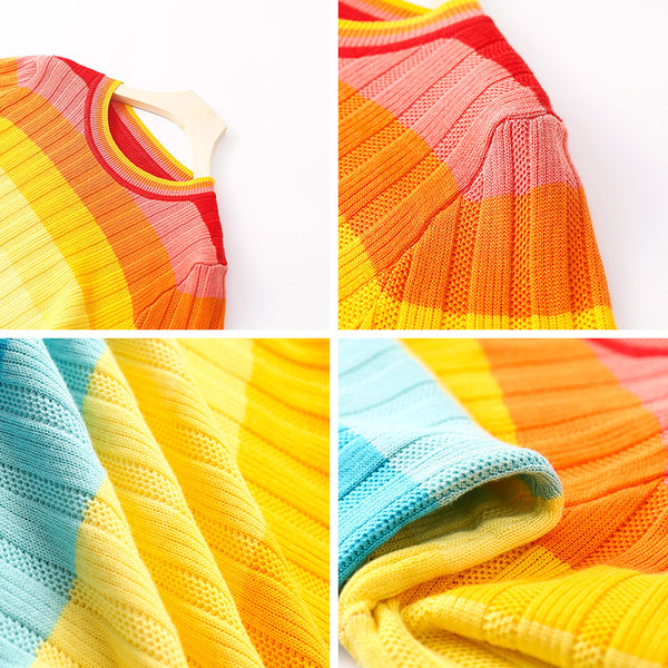 Spring Rainbow Color Soft Jumper Striped Round Neck Long Sleeved Loose Fit Pullover Size Sweater Knitwear