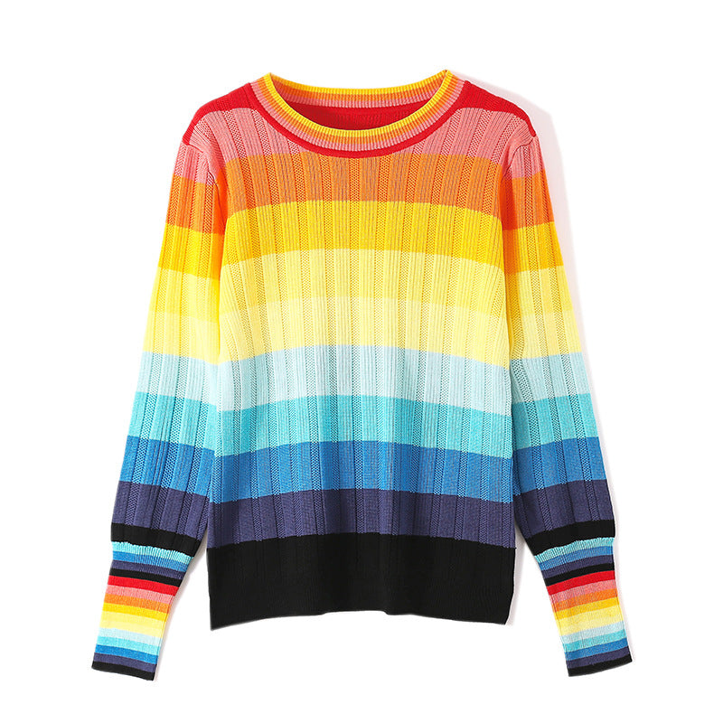 Spring Rainbow Color Soft Jumper Striped Round Neck Long Sleeved Loose Fit Pullover Size Sweater Knitwear