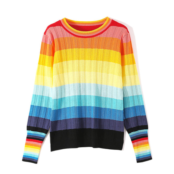 Spring Rainbow Color Soft Jumper Striped Round Neck Long Sleeved Loose Fit Pullover Size Sweater Knitwear