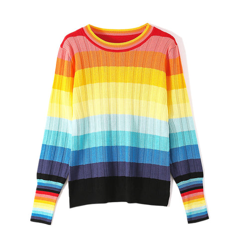 Spring Rainbow Color Soft Jumper Striped Round Neck Long Sleeved Loose Fit Pullover Size Sweater Knitwear