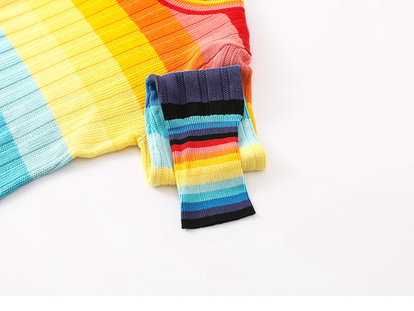 Spring Rainbow Color Soft Jumper Striped Round Neck Long Sleeved Loose Fit Pullover Size Sweater Knitwear