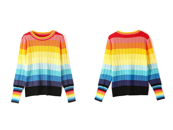 Spring Rainbow Color Soft Jumper Striped Round Neck Long Sleeved Loose Fit Pullover Size Sweater Knitwear