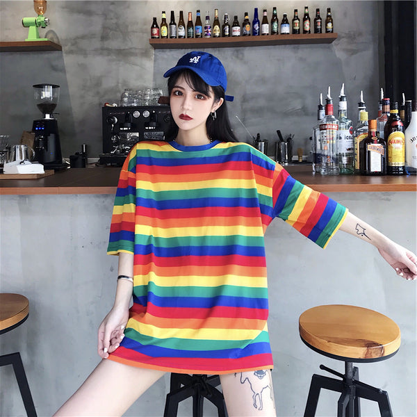 Hot Trendy Women Mid Length Rainbow Striped Loose Short Sleeved T-shirt Top Shirt