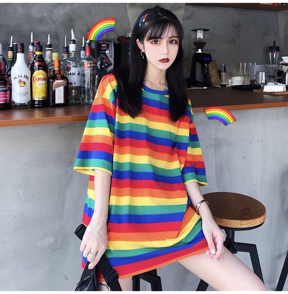 Hot Trendy Women Mid Length Rainbow Striped Loose Short Sleeved T-shirt Top Shirt