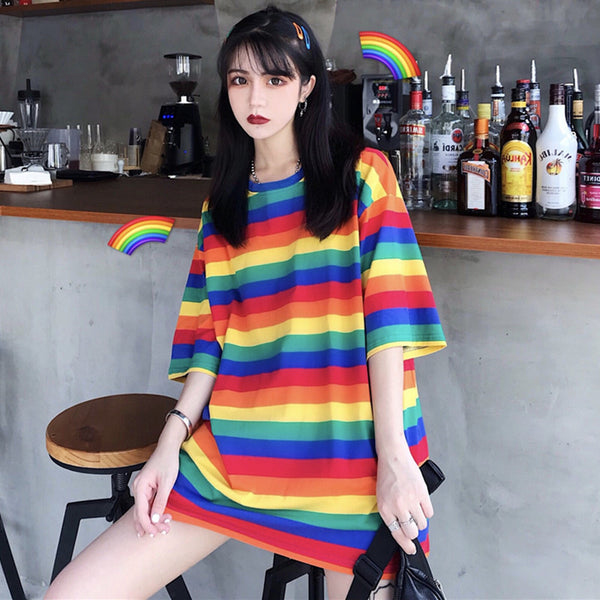 Hot Trendy Women Mid Length Rainbow Striped Loose Short Sleeved T-shirt Top Shirt