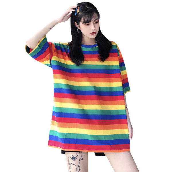 Hot Trendy Women Mid Length Rainbow Striped Loose Short Sleeved T-shirt Top Shirt