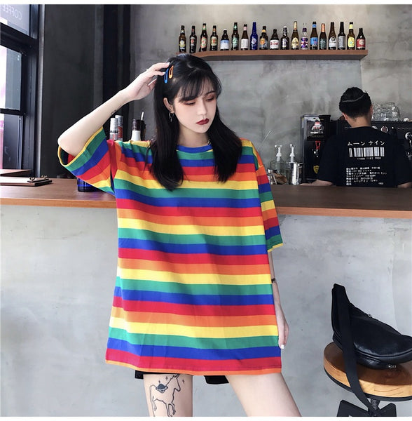Hot Trendy Women Mid Length Rainbow Striped Loose Short Sleeved T-shirt Top Shirt