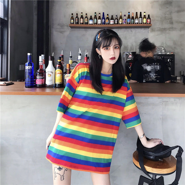 Hot Trendy Women Mid Length Rainbow Striped Loose Short Sleeved T-shirt Top Shirt