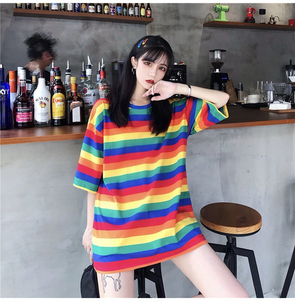 Hot Trendy Women Mid Length Rainbow Striped Loose Short Sleeved T-shirt Top Shirt