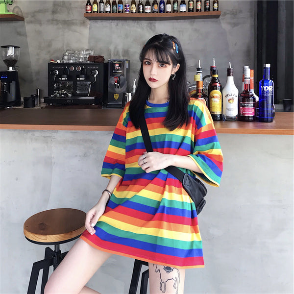 Hot Trendy Women Mid Length Rainbow Striped Loose Short Sleeved T-shirt Top Shirt