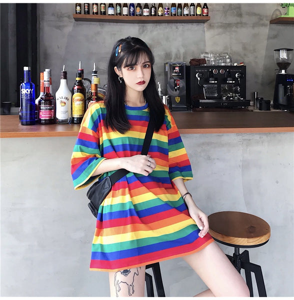 Hot Trendy Women Mid Length Rainbow Striped Loose Short Sleeved T-shirt Top Shirt