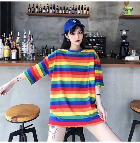 Hot Trendy Women Mid Length Rainbow Striped Loose Short Sleeved T-shirt Top Shirt