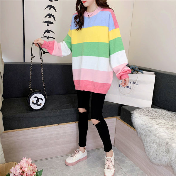 Trendy Rainbow Striped Loose Large Chic Women knitted Long Sleeved Round Neck Top Sweater