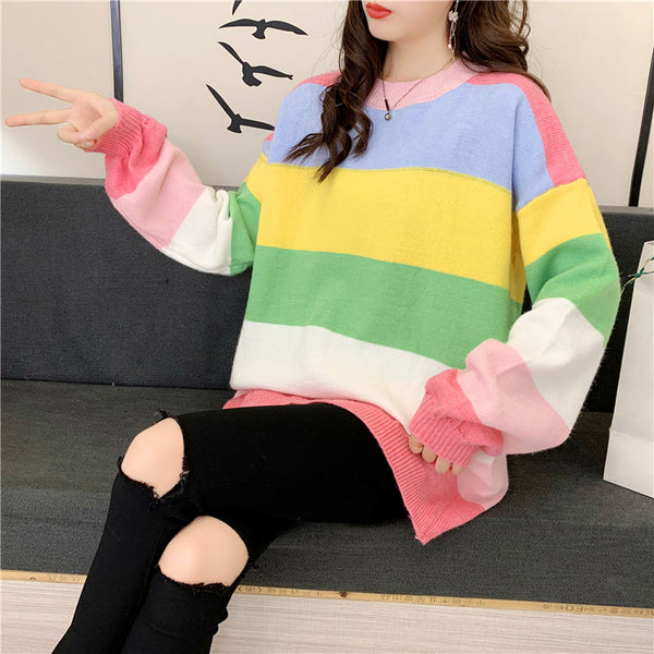 Trendy Rainbow Striped Loose Large Chic Women knitted Long Sleeved Round Neck Top Sweater