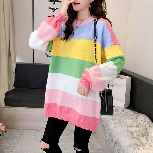 Trendy Rainbow Striped Loose Large Chic Women knitted Long Sleeved Round Neck Top Sweater