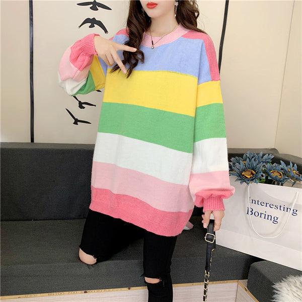 Trendy Rainbow Striped Loose Large Chic Women knitted Long Sleeved Round Neck Top Sweater