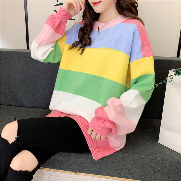 Trendy Rainbow Striped Loose Large Chic Women knitted Long Sleeved Round Neck Top Sweater