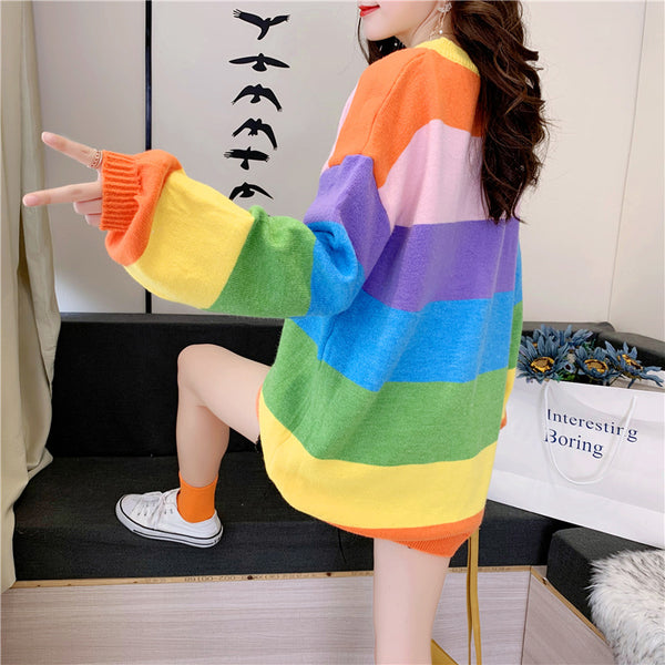 Trendy Rainbow Striped Loose Oversized Large Outerwear knitted Long Sleeved Round Neck Top Sweater
