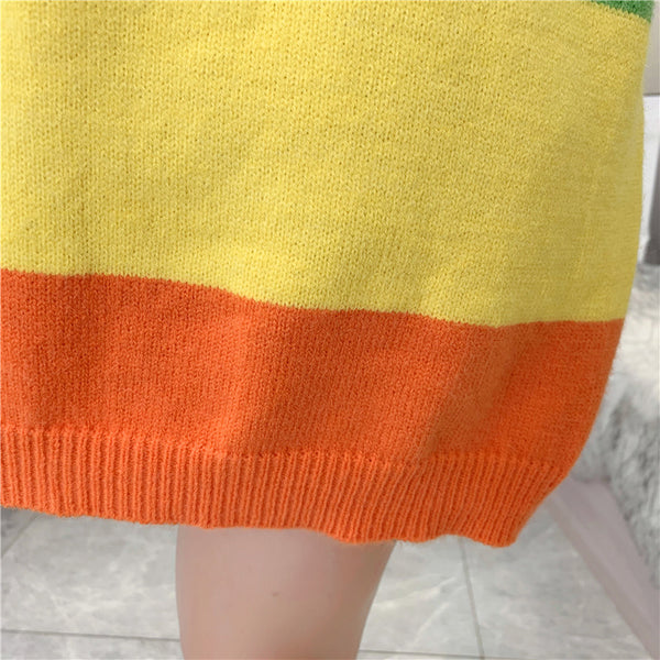 Trendy Rainbow Striped Loose Oversized Large Outerwear knitted Long Sleeved Round Neck Top Sweater