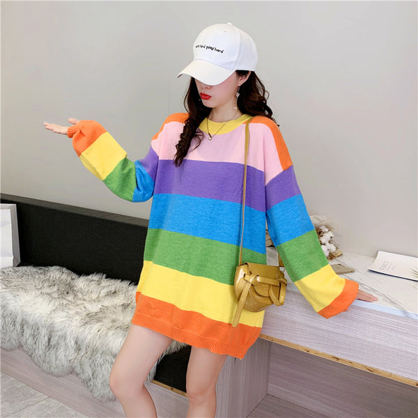 Trendy Rainbow Striped Loose Oversized Large Outerwear knitted Long Sleeved Round Neck Top Sweater