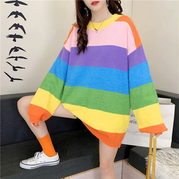 Trendy Rainbow Striped Loose Oversized Large Outerwear knitted Long Sleeved Round Neck Top Sweater