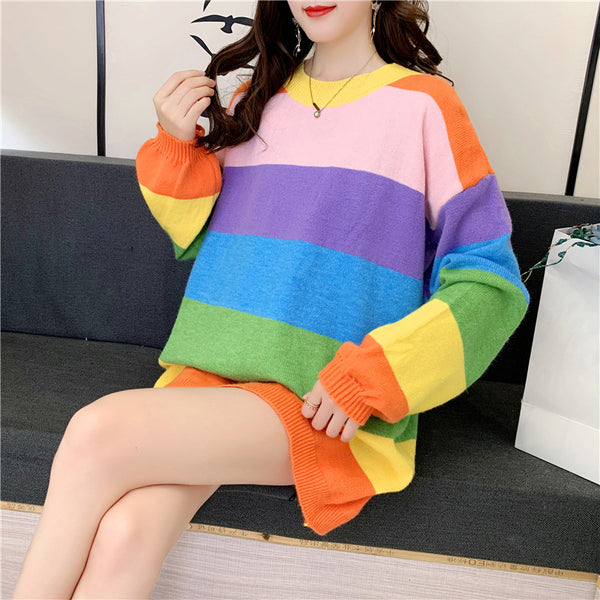 Trendy Rainbow Striped Loose Oversized Large Outerwear knitted Long Sleeved Round Neck Top Sweater