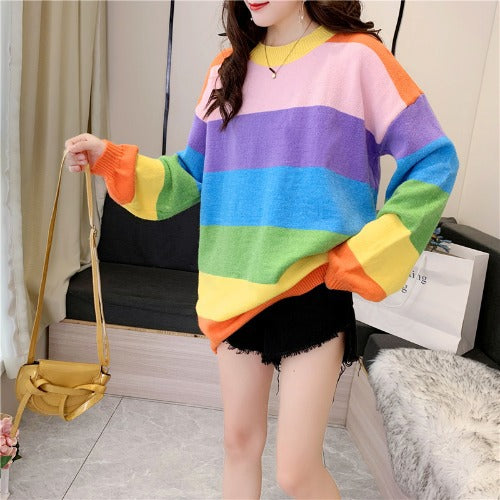 Trendy Rainbow Striped Loose Oversized Large Outerwear knitted Long Sleeved Round Neck Top Sweater
